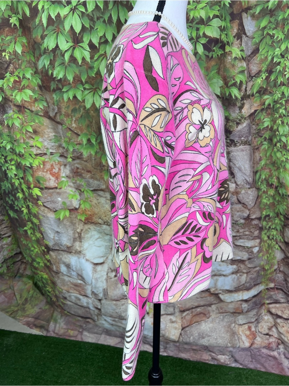 KINROSS Pink Floral Pattern 100% Cashmere Luxury Mod Crewneck Sweater, L - Picture 9 of 11